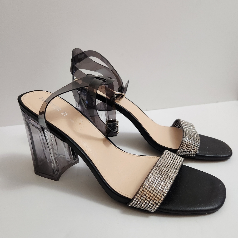 🆕️Forever 21 Black Rhinestone And Lucite Heel Sandals - Picture 3 of 14